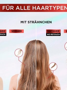 Vorher/Nachher Darstellung verschiedener Haartypen bei Anwendung von Elvital Bond Repair