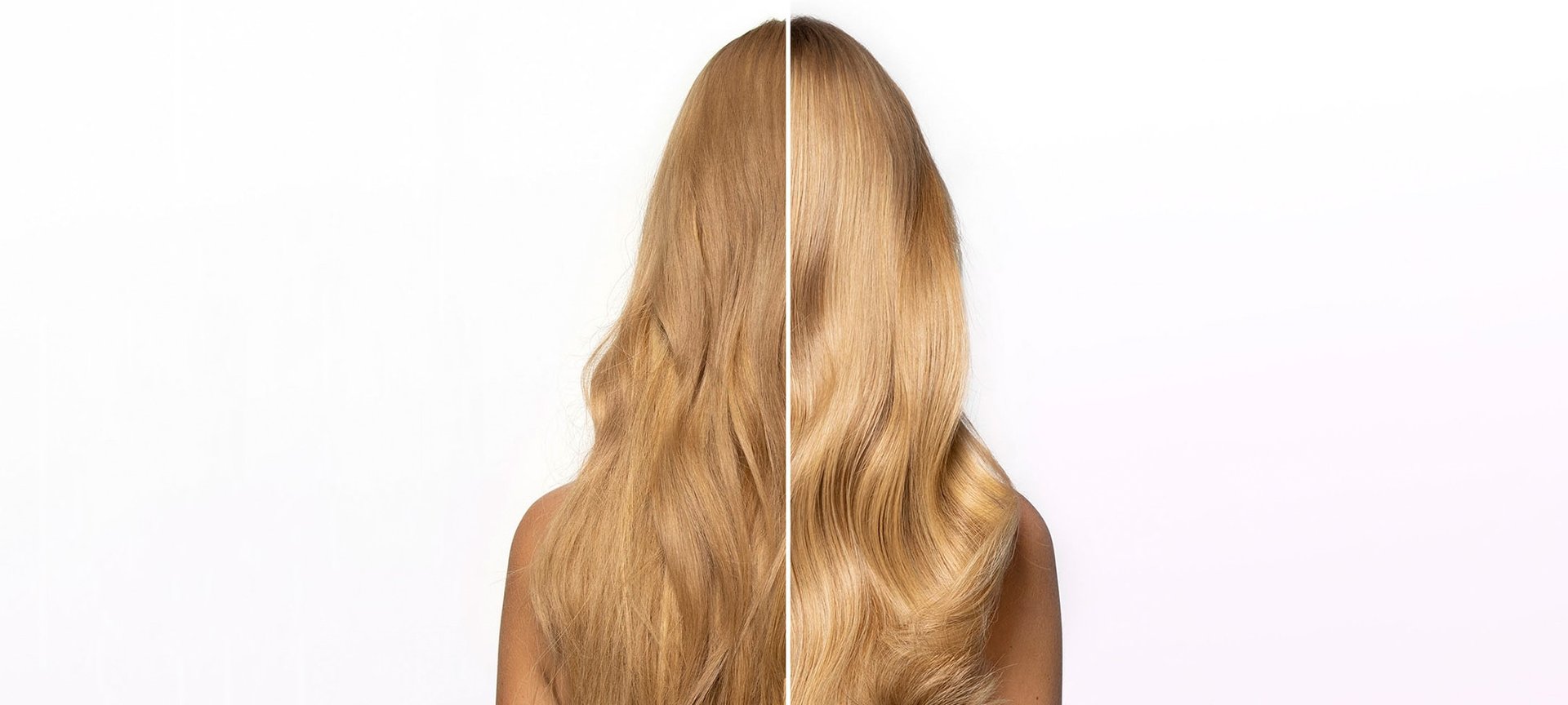 Kopf von hinten einer Frau mit langen blonden Haaren - vorher / nachher Anwendung Haarspitzenfluid