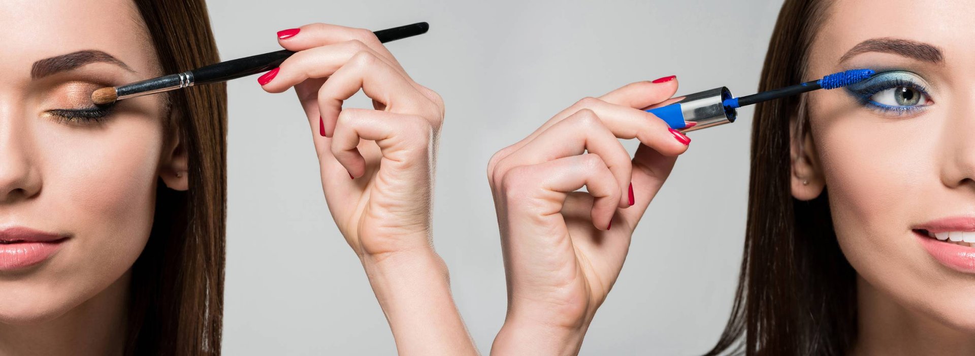 Zwei Gesichtshälften einer jungen Frau, die sich links Lidschatten und rechts blaue Mascara aufträgt