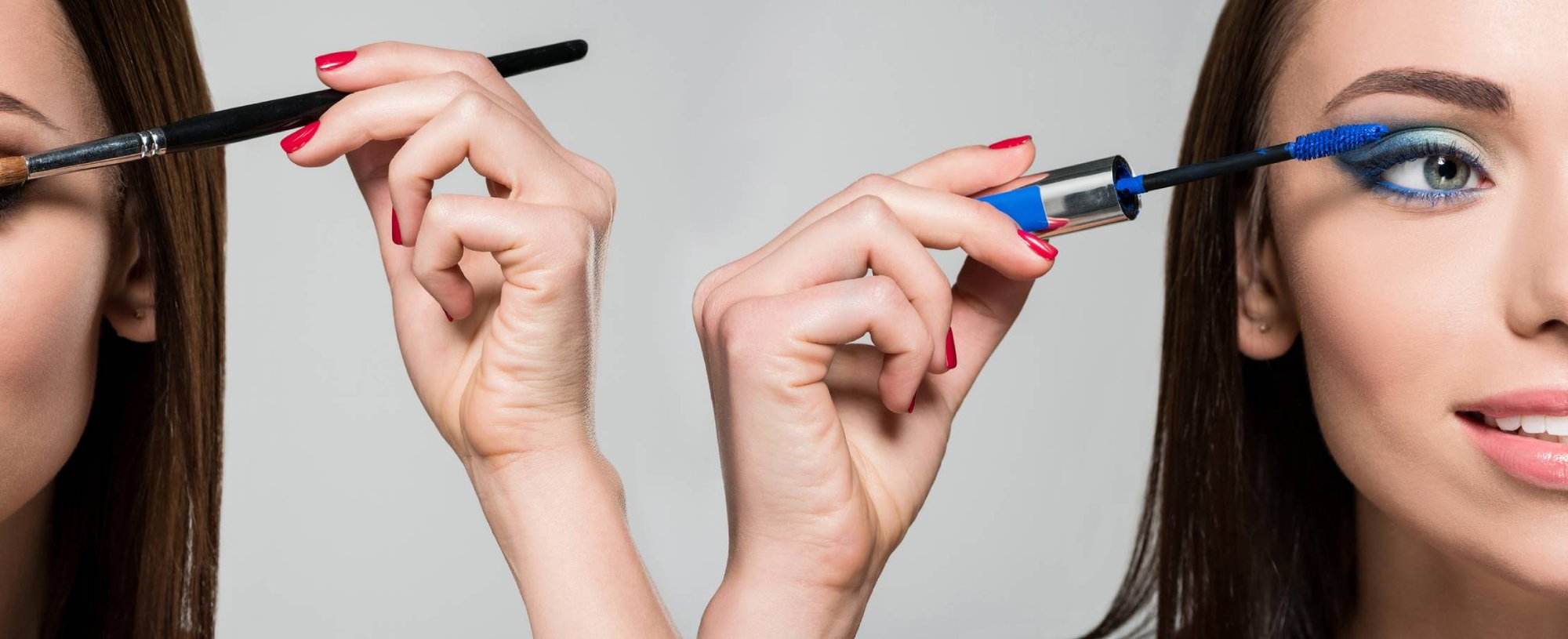 Zwei Gesichtshälften einer jungen Frau, die sich links Lidschatten und rechts blaue Mascara aufträgt
