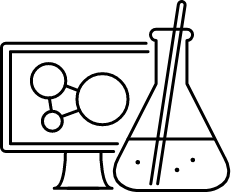 Icon mit einem Monitor mit Molekül-Symbol hinter einem Labor-Kolben