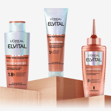 Produktabbildungen der L'Oréal Elvital Fiber Booster-Reihe
