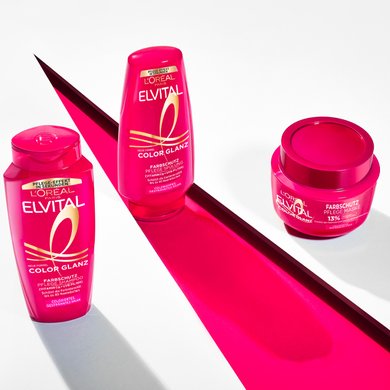 Produktabbildungen der L'Oréal Elvital Color Glanz-Reihe