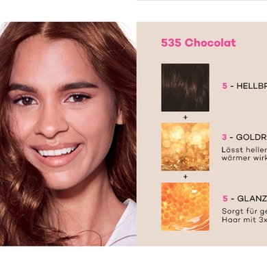 Frau mit braunen Haaren mit einer Produktpackung Casting Creme Gloss 535, daneben ein Schema der Intensivierung der Haarfarbe