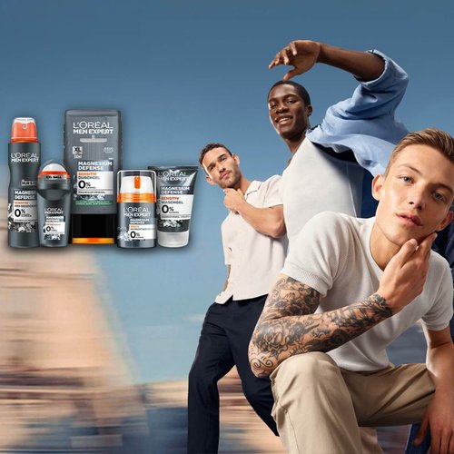 Men Expert Magnesium Defense Produktreihe und vier Männer