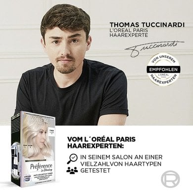 Bild von Thomas Tuccinardi, einem L'Oréal Haarexperten und Produktabbildung einer Nuance von LeBlonding