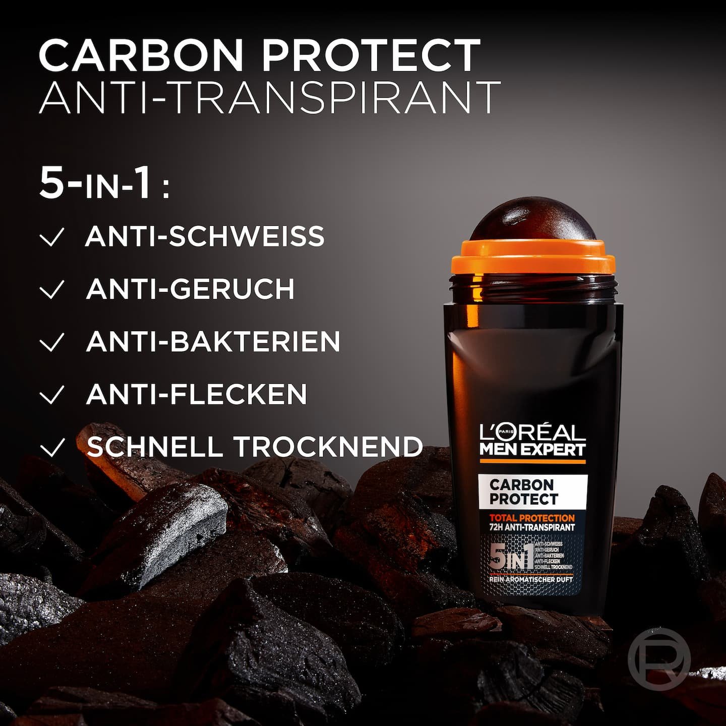 Carbon Protect Roll-on auf Kohlestücken mit Auflistung der 5-in-1-Vorteile.