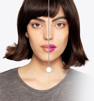 Gesicht einer Frau mit Make-up mit Vorher / Nachher Vergleich