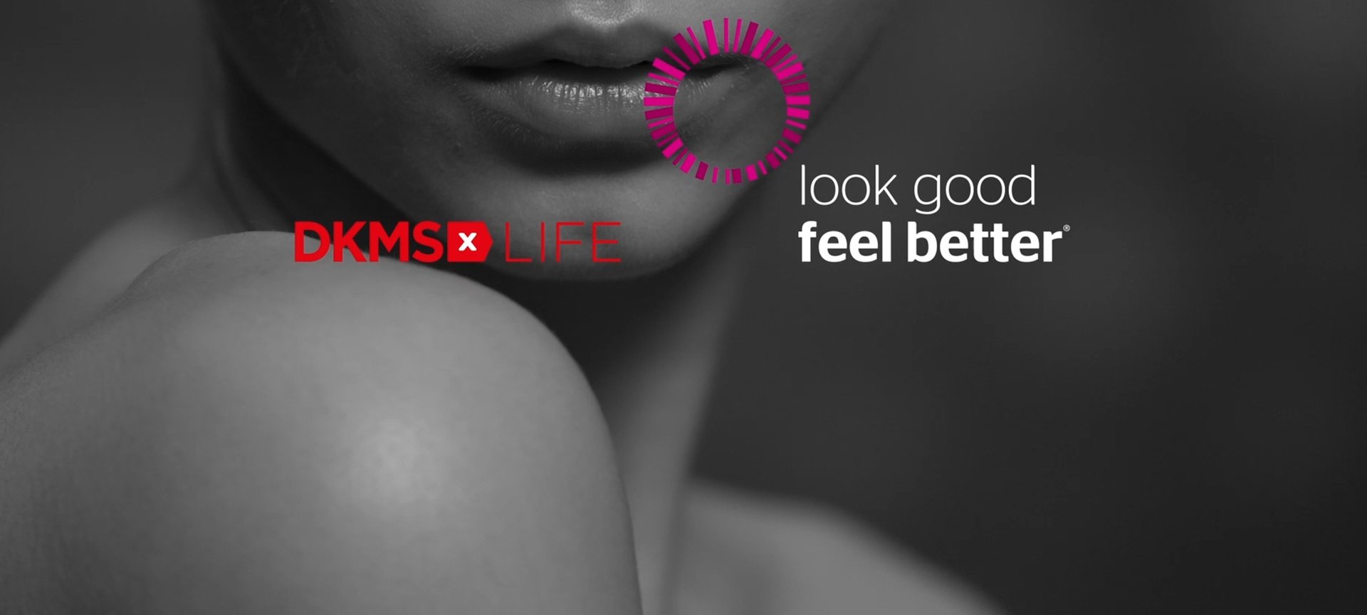 DKMS-Logo & Schriftzug look good feel better mit Frau im Hintergrund