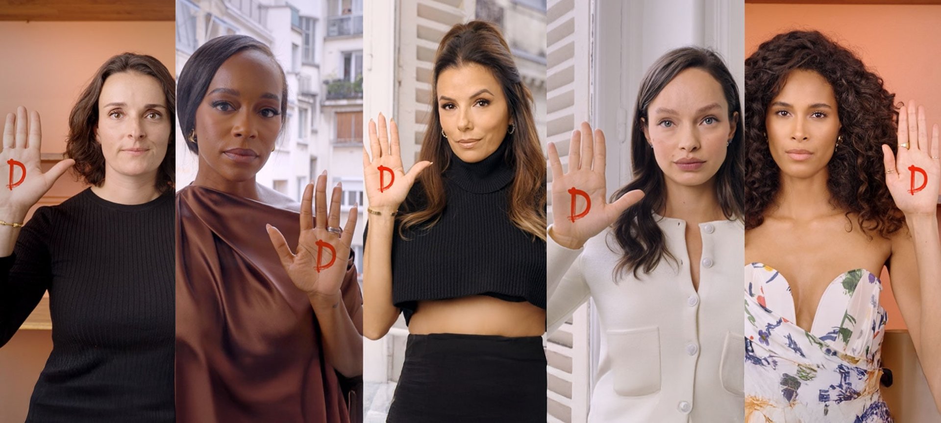 Collage von Frauen, die ihre Handfläche nach oben halten, auf der ein rotes D steht