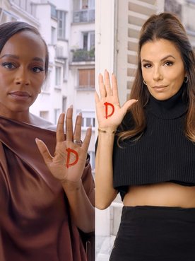 Collage von Frauen, die ihre Handfläche nach oben halten, auf der ein rotes D steht