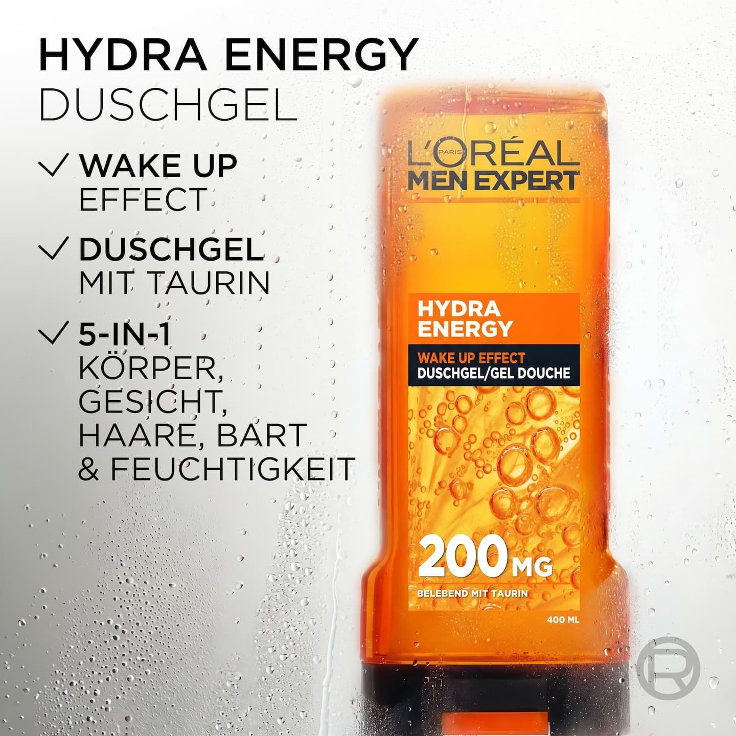 Hydra Energy Duschgel vor nassem Hintergrund mit aufgelisteten Vorteilen.
