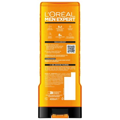 Rückseite der Hydra Energy 400ml Duschgelflasche mit Produktinfos.
