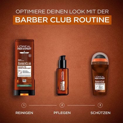 Ein bruenetter Mann im Profil der das Barber Club Bartoel nutzt neben ihm die vier Schritte Anleitung