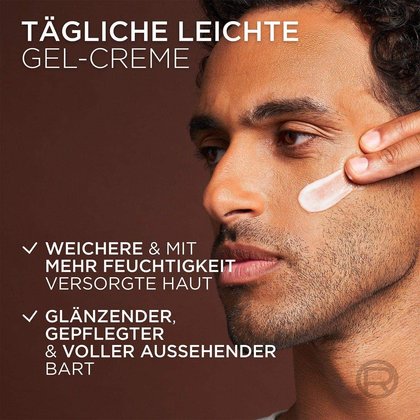 Ein junger Mann trägt die Feuchtigkeitspflege auf seine Wange auf mit Produktvorteilen