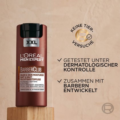 Barber Club Bart & Haut XXL Feuchtigkeitspflege - Produktabbildung mit zwei Produktvorteilen