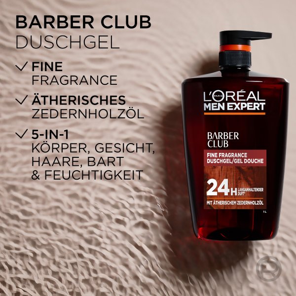 Barber Club Duschgel 1L vor welligem Wasserhintergrund.