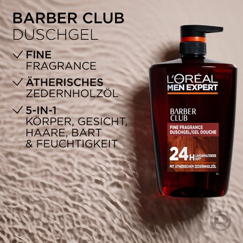 Barber Club Duschgel 1L vor welligem Wasserhintergrund.