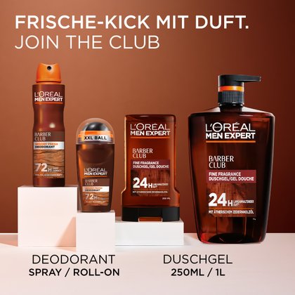 Sortiment aus Barber Club Deospray, Deoroller und Duschgel 1L.