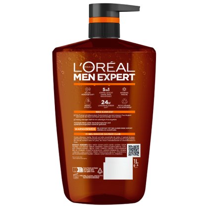 Rückseite der Barber Club 1L Duschgelflasche mit Produktinfos.