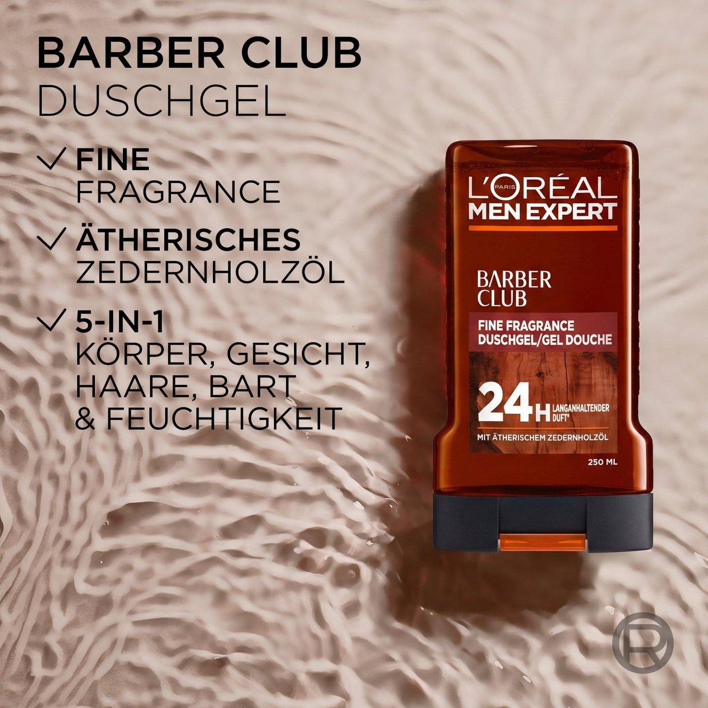 Barber Club Duschgelflasche vor welligem Wasserhintergrund.