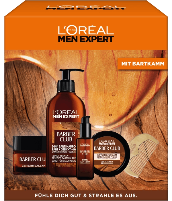 L'Oréal Men Expert Barber Club Sets. Davor sind die enthaltenen Produkte angeordnet: 3-in-1 Bartshampoo, Bartöl, Bartbalsam, Styling Cream sowie ein gratis Holz-Bartkamm. Unten steht der Slogan: „FÜHLE DICH GUT & STRAHLE ES AUS.“