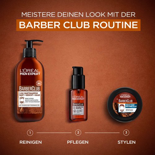Schaubild der dreistufigen Barber Club Routine auf braunem Hintergrund: Schritt 1 Reinigen mit dem 3-in-1 Bartshampoo, Schritt 2 Pflegen mit dem XXL Bartöl, Schritt 3 Stylen mit der Messy Hair Molding Clay. Überschrift: „MEISTERE DEINEN LOOK MIT DER BARBER CLUB ROUTINE“.