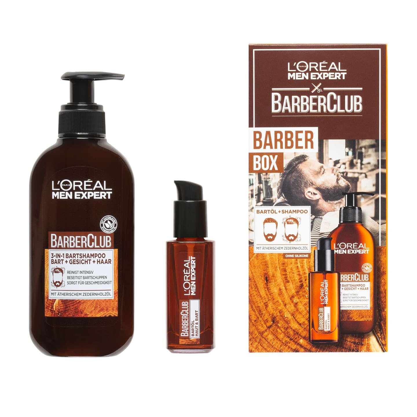 Barber Club Bartpflege Set mit Bartöl - Produktabbildung mit Bartshampoo für Bart, Gesicht und Haar und Bartöl
