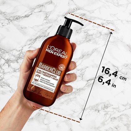 Barber Club Bartpflege Set mit Bartöl - Produktabbildung Bartshampoo für Bart, Gesicht und Haar mit Abmessungen