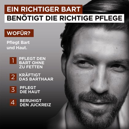 Barber Club Bartpflege Set mit Bartöl - Produktvorteile aufgelistet neben dem Gesicht eines jungen Mannes mit Bart