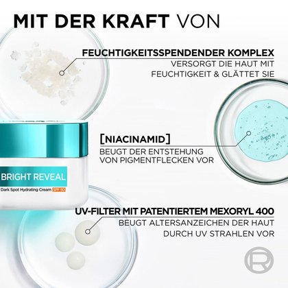Bright Reveal Dark Spot Feuchtigkeitspflege LSF50 - Auflistung von Eigenschaften und Inhaltsstoffen der Pflege