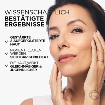 Bright Reveal Dark Spot Feuchtigkeitspflege LSF50 - Auflistung von wissenschaftlichen Ergebnissen der Pflege im Hintergrund Eva Longoria