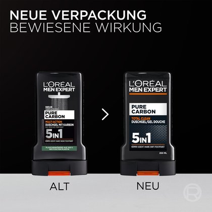 Vergleich neue und alte Verpackung des Men Expert Pure Carbon Total Clean Duschgels