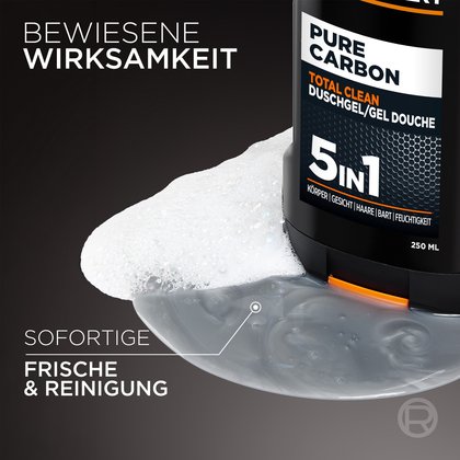 Darstellung der Wirksamkeit des Men Expert Pure Carbon Total Clean Duschgels, Sofortige Frische und Reinigung