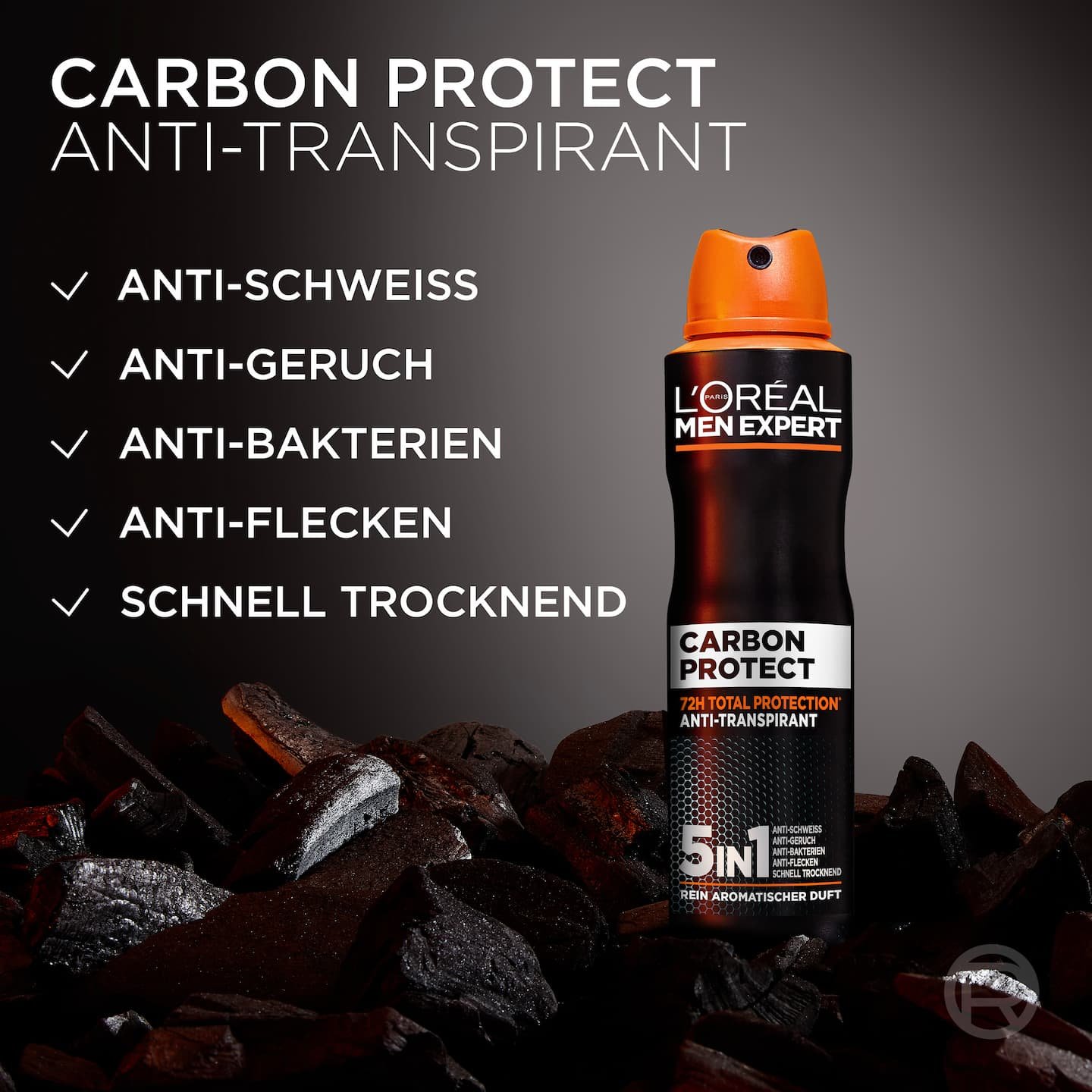 Carbon Protect Deospray platziert auf echten schwarzen Kohlestücken.