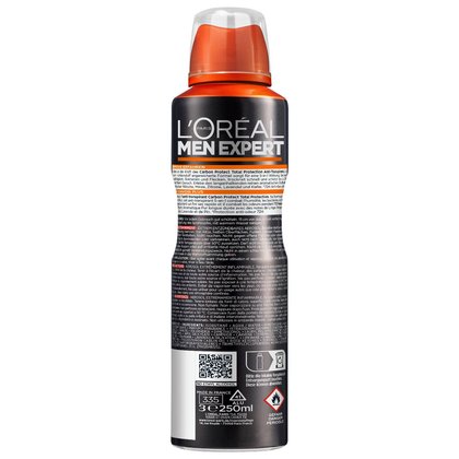 Rückseite der Carbon Protect 250ml Deospray-Dose mit Produktinfos und Warnhinweisen.