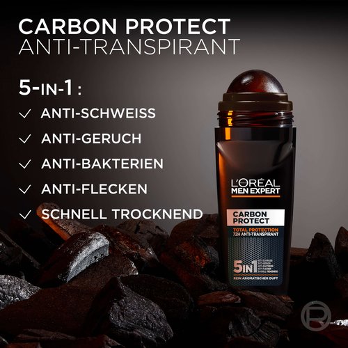 Carbon Protect Deoroller 100ml auf schwarzen Kohlestücken platziert.