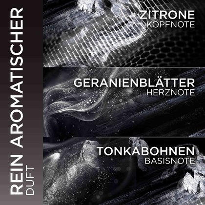 Duftnoten-Übersicht mit Zitrone, Geranienblättern und Tonkabohne.