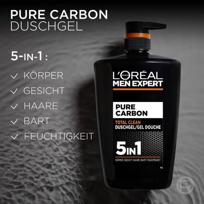 L'Oréal Men Expert Pure Carbon Duschgel 1L Spenderflasche vor Wasserhintergrund.