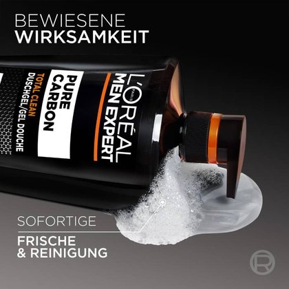Graue Gel-Textur und Schaum am Spenderkopf einer liegenden Pure Carbon 1L Flasche.
