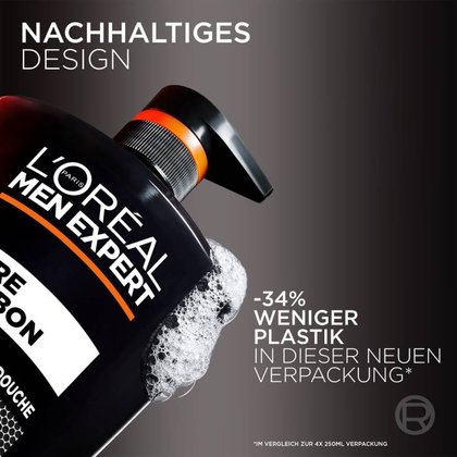 Pumpspender der Pure Carbon 1L Flasche mit dem Hinweis auf 34% weniger Plastik.