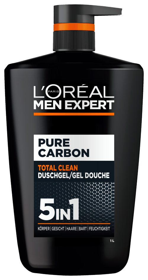 Vorderseite der großen Pure Carbon 1L Duschgelflasche mit Pumpspender.