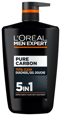 Vorderseite der großen Pure Carbon 1L Duschgelflasche mit Pumpspender.