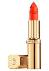 aufgedrehter Color Riche Satin Lippenstift in der Farbe Chez Lui geoeffneter Deckel liegt daneben