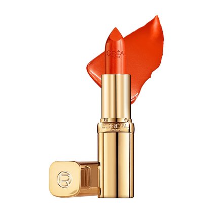 Farbbeispiel und geoeffneter Lippenstift Color Riche Satin in der Farbe Magic Orange