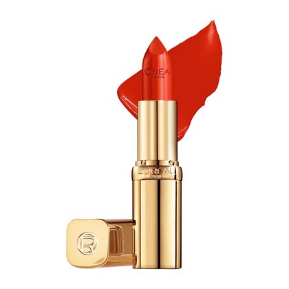 Farbbeispiel und geoeffneter Lippenstift Color Riche Satin in der Farbe Perfect Red