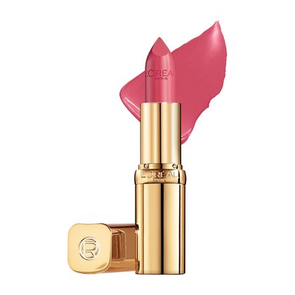 Farbbeispiel und geoeffneter Lippenstift Color Riche Satin in der Farbe Rose Perle