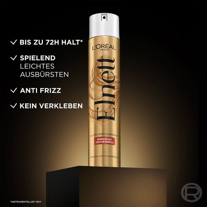 Produkt auf Sockel vor dunklem Hintergrund mit 3 Produktvorteilen