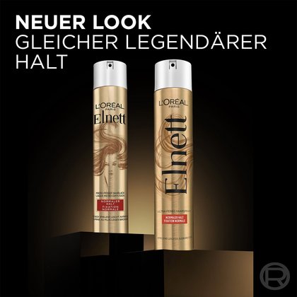 Zwei Elnett Haarsprays vor dunklem Hintergrund mit Text "Neuer Look - gleicher legendärer Halt"