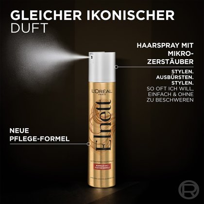 Produkt vor dunklem Hintergrund mit Text "Gleicher ikonischer Duft" und Produktvorteilen